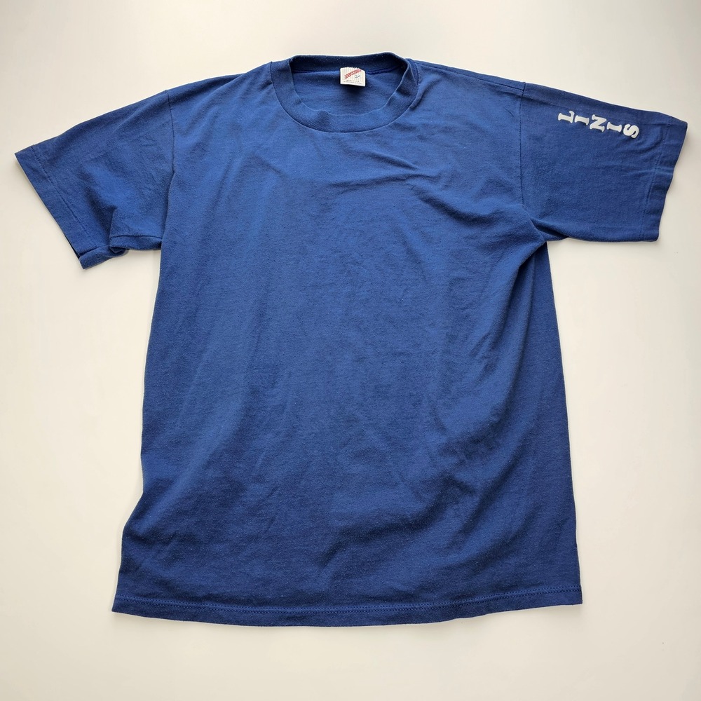 Vintage 90s Jerzees‎ T-Shirt Mens Large Blue Made in USA Linis Sleeve Puff Print